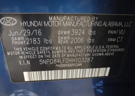 2017 Hyundai Elantra Limited from USA, damaged, VIN 5NPD84LF0HH103287